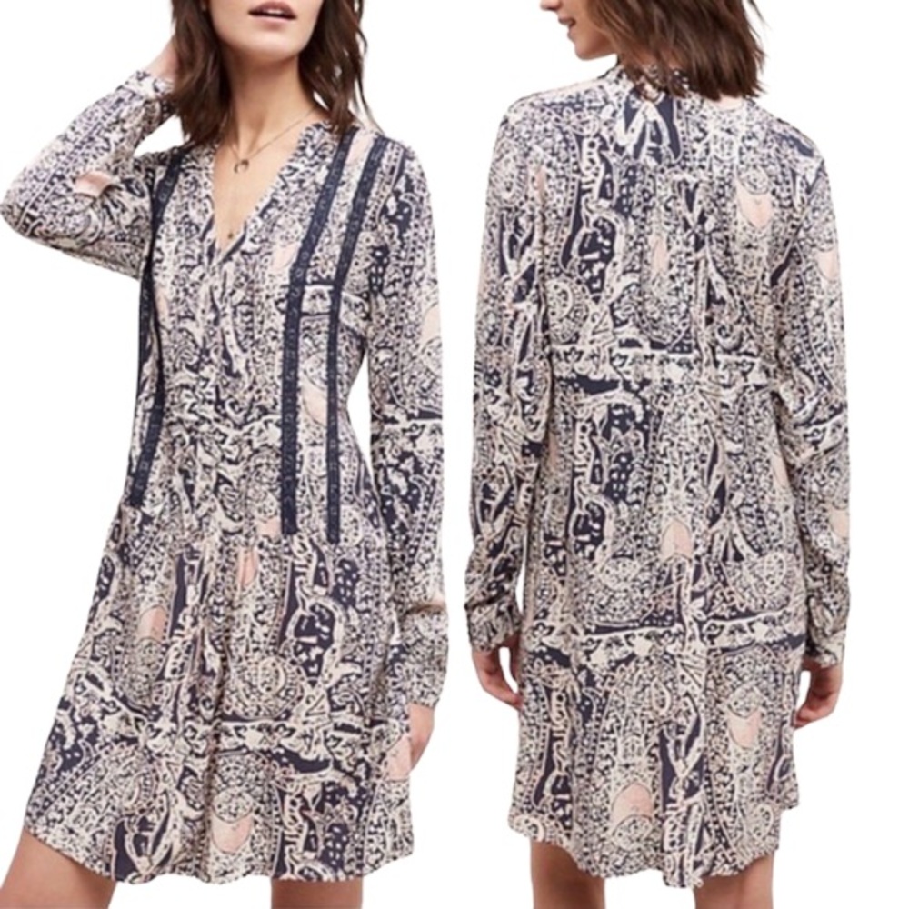 Anthropologie TINY Caviana Lace Navy Blue Pastel Pink Drop Waist Shift Dress - S